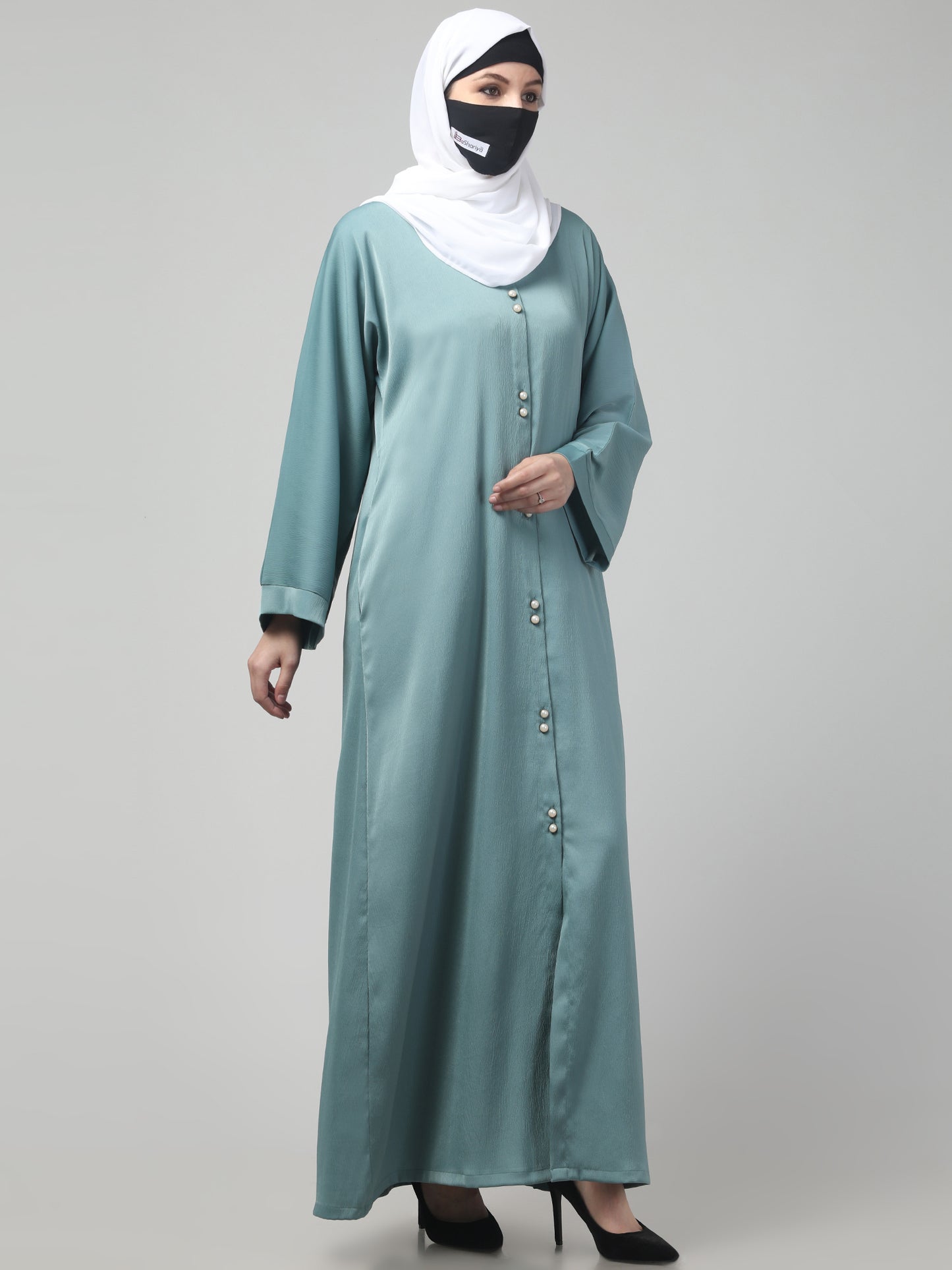 Front Open Tiktok Abaya with Round Neck & Flared Sleeves.
