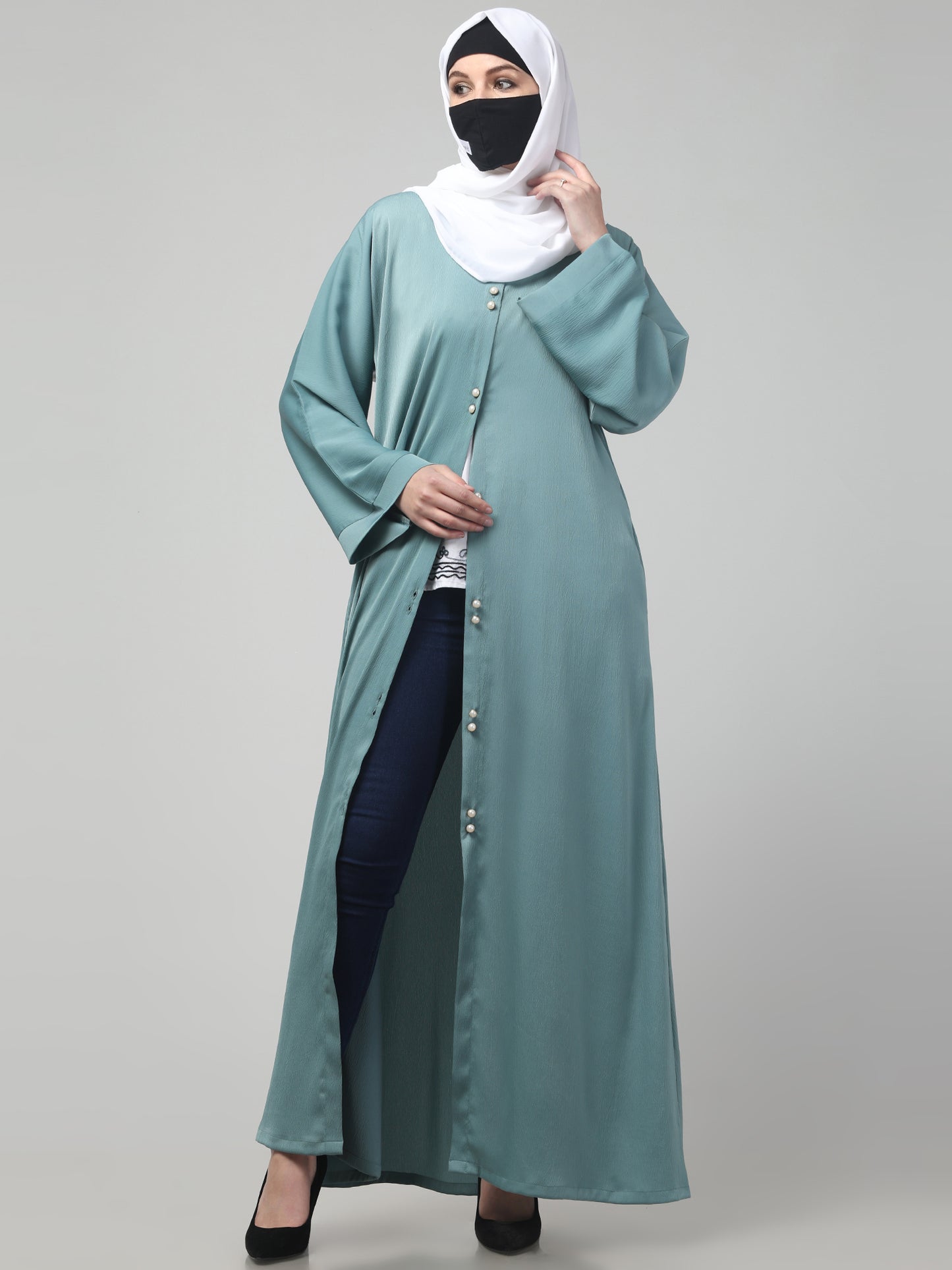 Front Open Tiktok Abaya with Round Neck & Flared Sleeves.