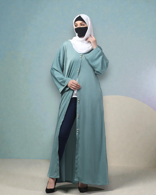 Front Open Tiktok Abaya with Round Neck & Flared Sleeves – Includes Hijab