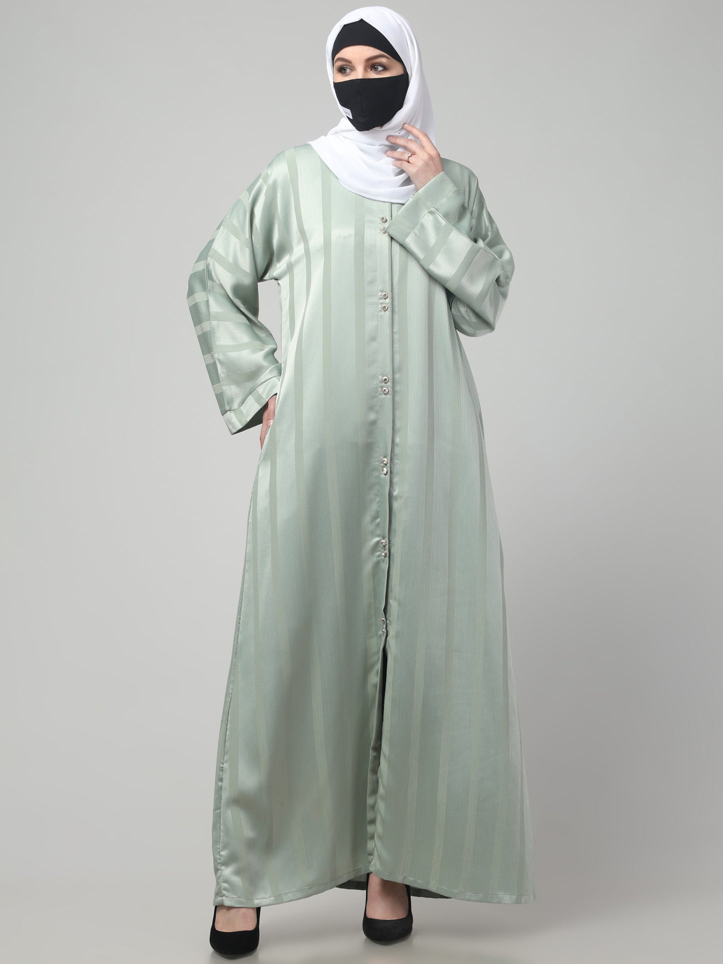 Front Open Abaya in Zoom Pro Fabric – Subtle Stripes & Effortless Grace