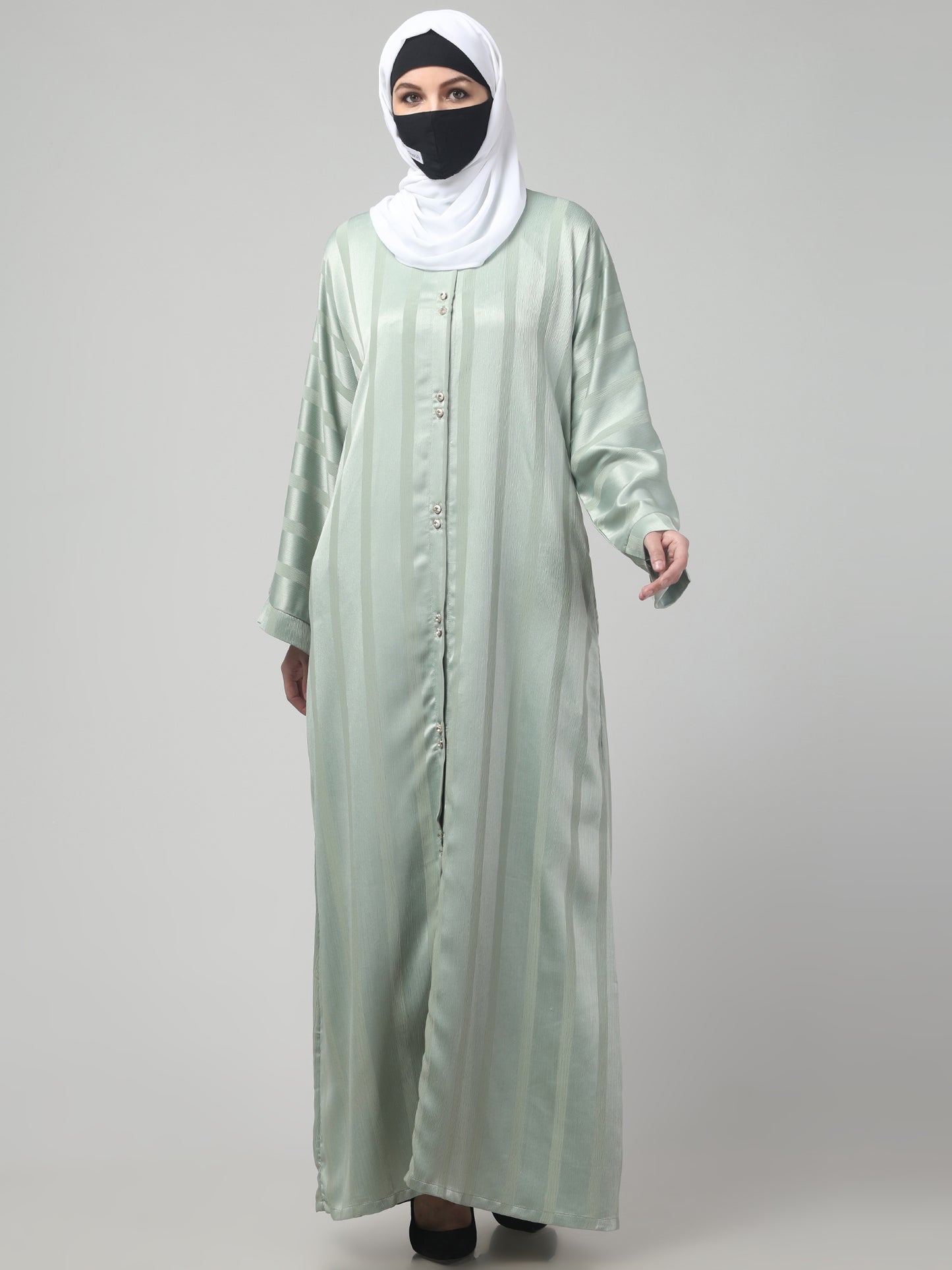 Front Open Abaya in Zoom Pro Fabric – Subtle Stripes & Effortless Grace