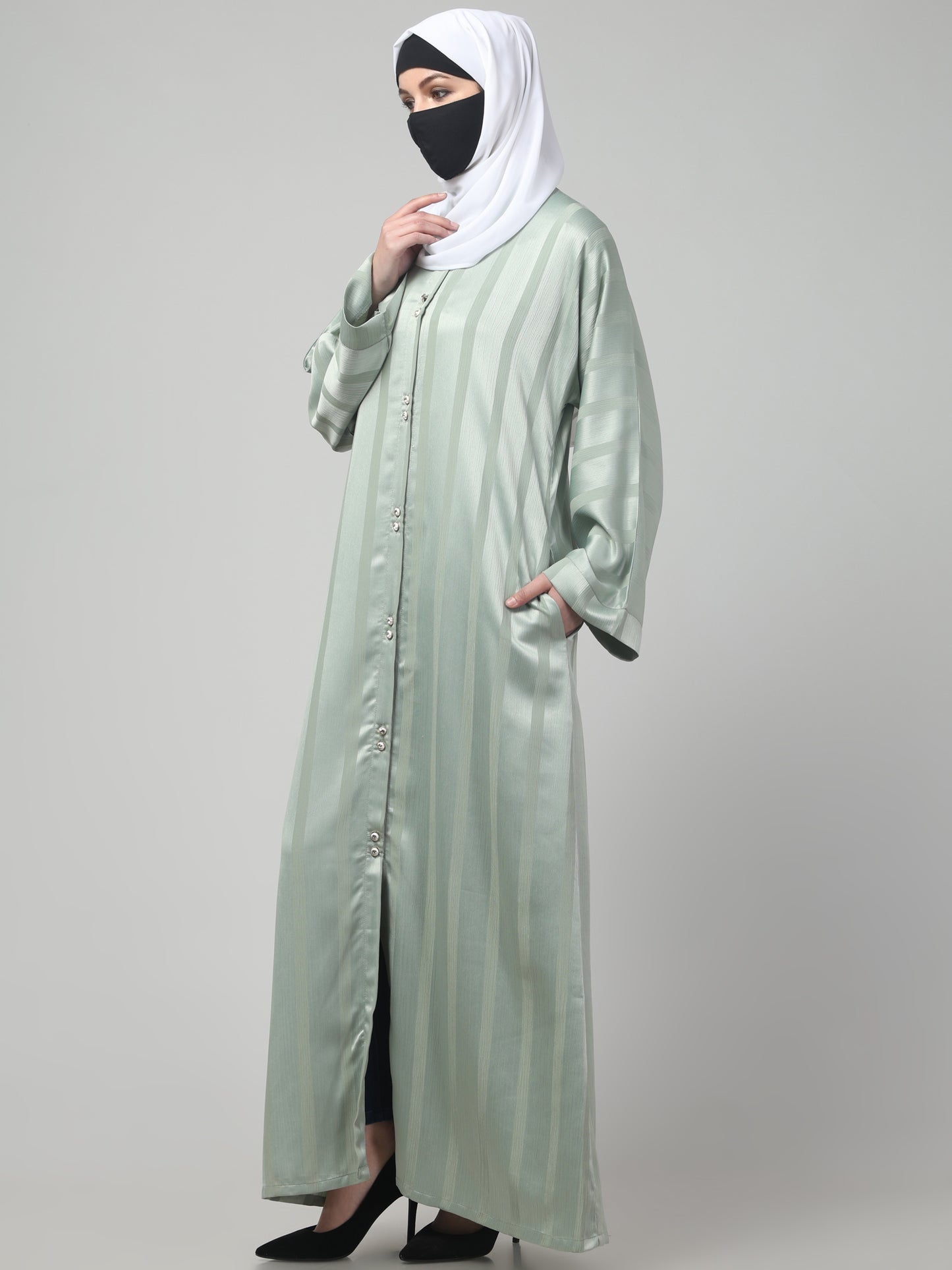 Front Open Abaya in Zoom Pro Fabric – Subtle Stripes & Effortless Grace