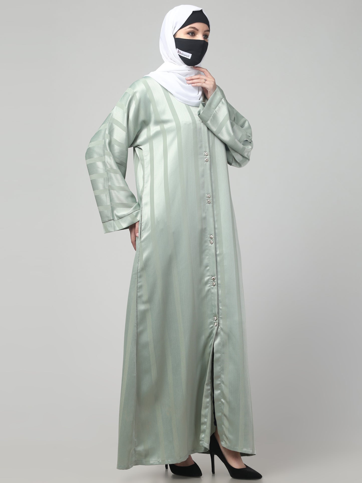Front Open Abaya in Zoom Pro Fabric – Subtle Stripes & Effortless Grace