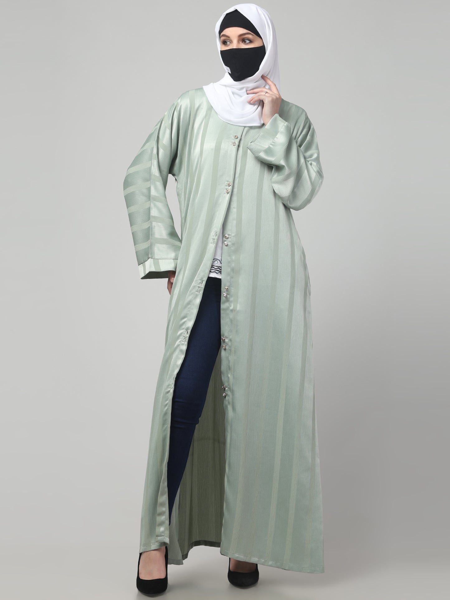 Front Open Abaya in Zoom Pro Fabric – Subtle Stripes & Effortless Grace