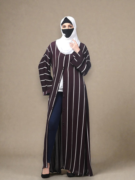 Front Open Abaya in Zoom Elegance Fabric – White Stripes & Modern Grace