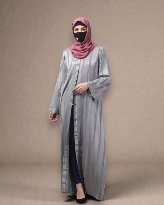 Front Open Abaya in Zoom Pro Fabric – Textured Elegance with Self Stripes