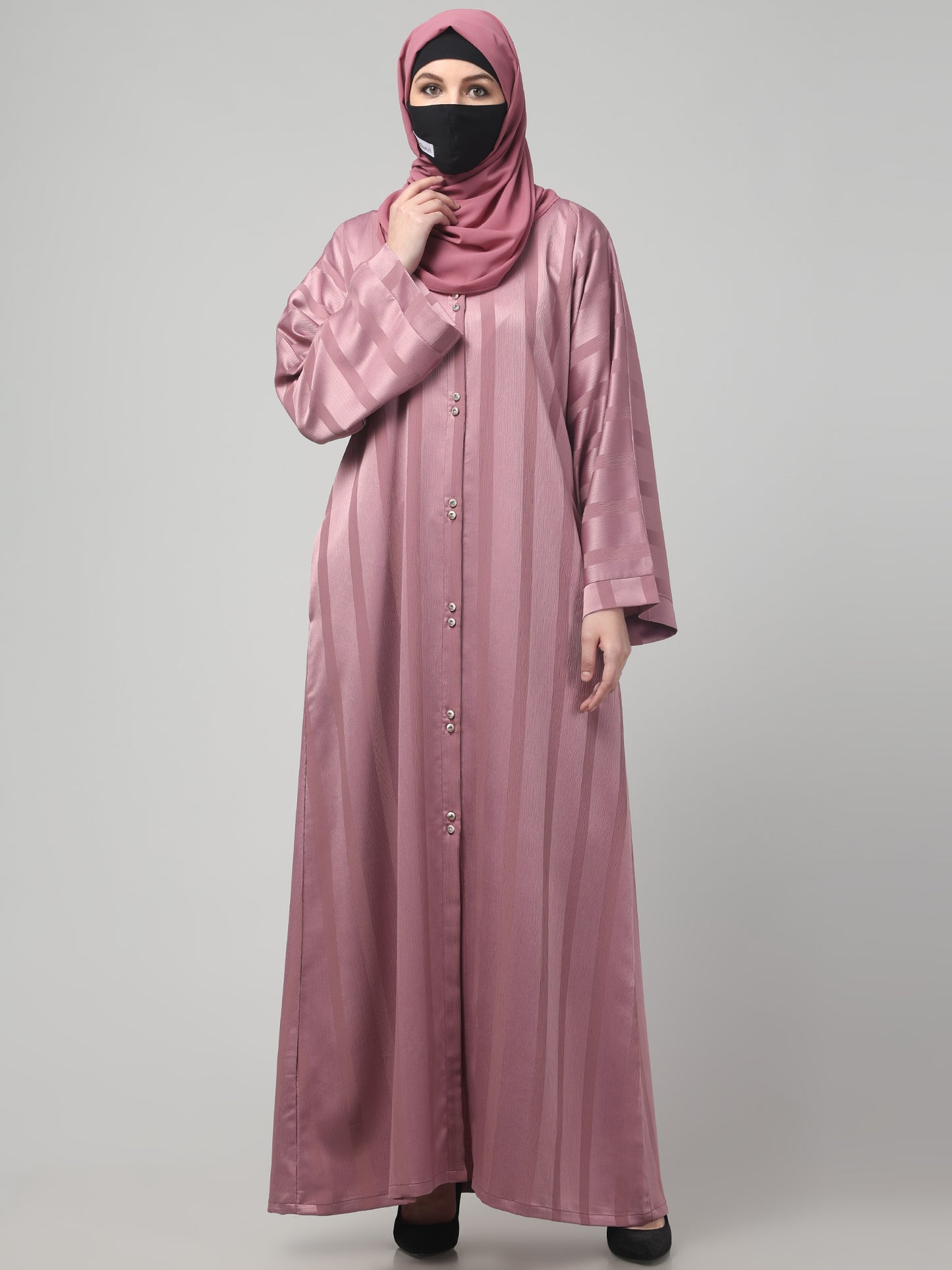 Front Open Abaya in Zoom Pro Fabric – Subtle Stripes & Effortless Grace