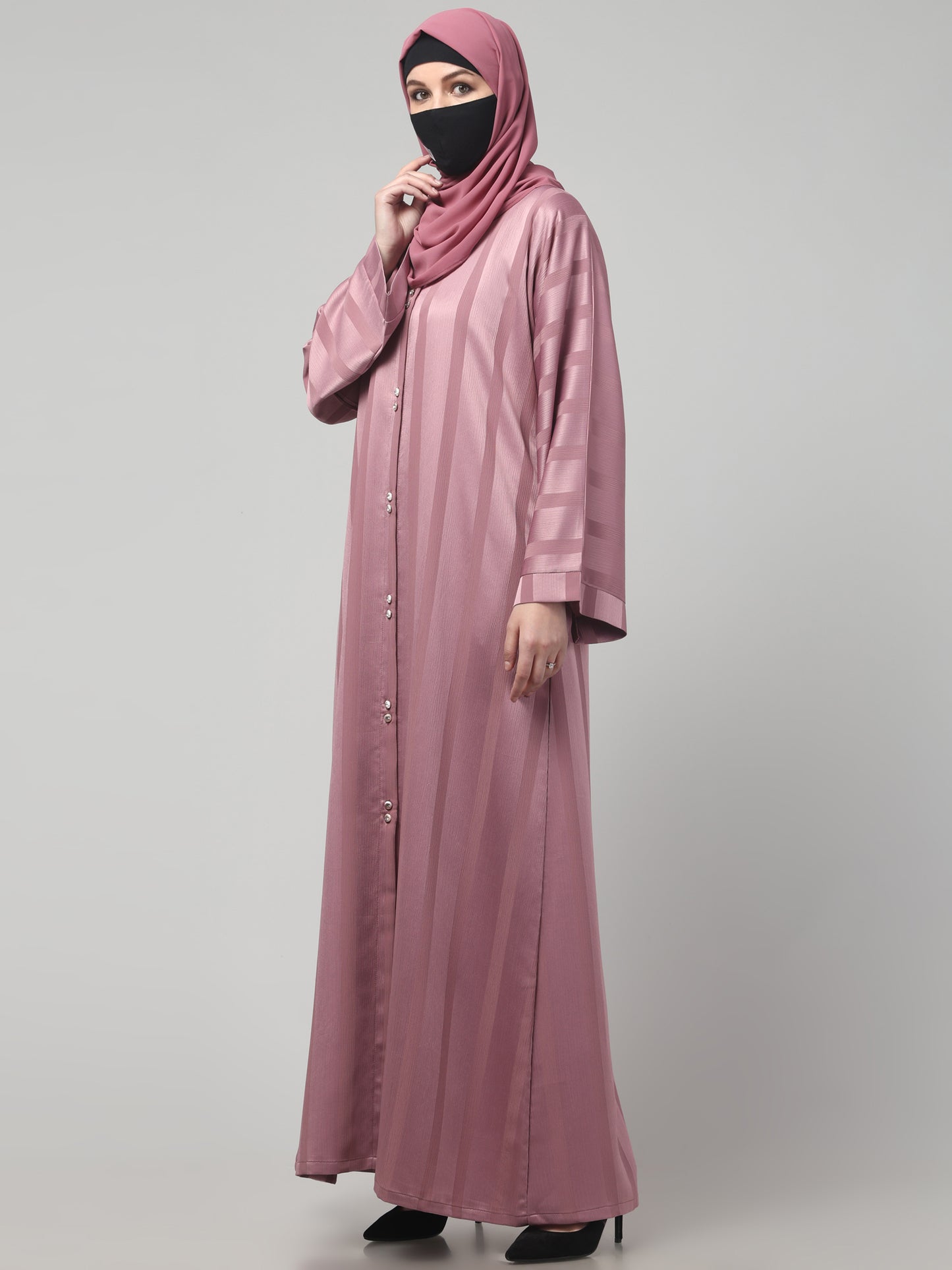 Front Open Abaya in Zoom Pro Fabric – Subtle Stripes & Effortless Grace