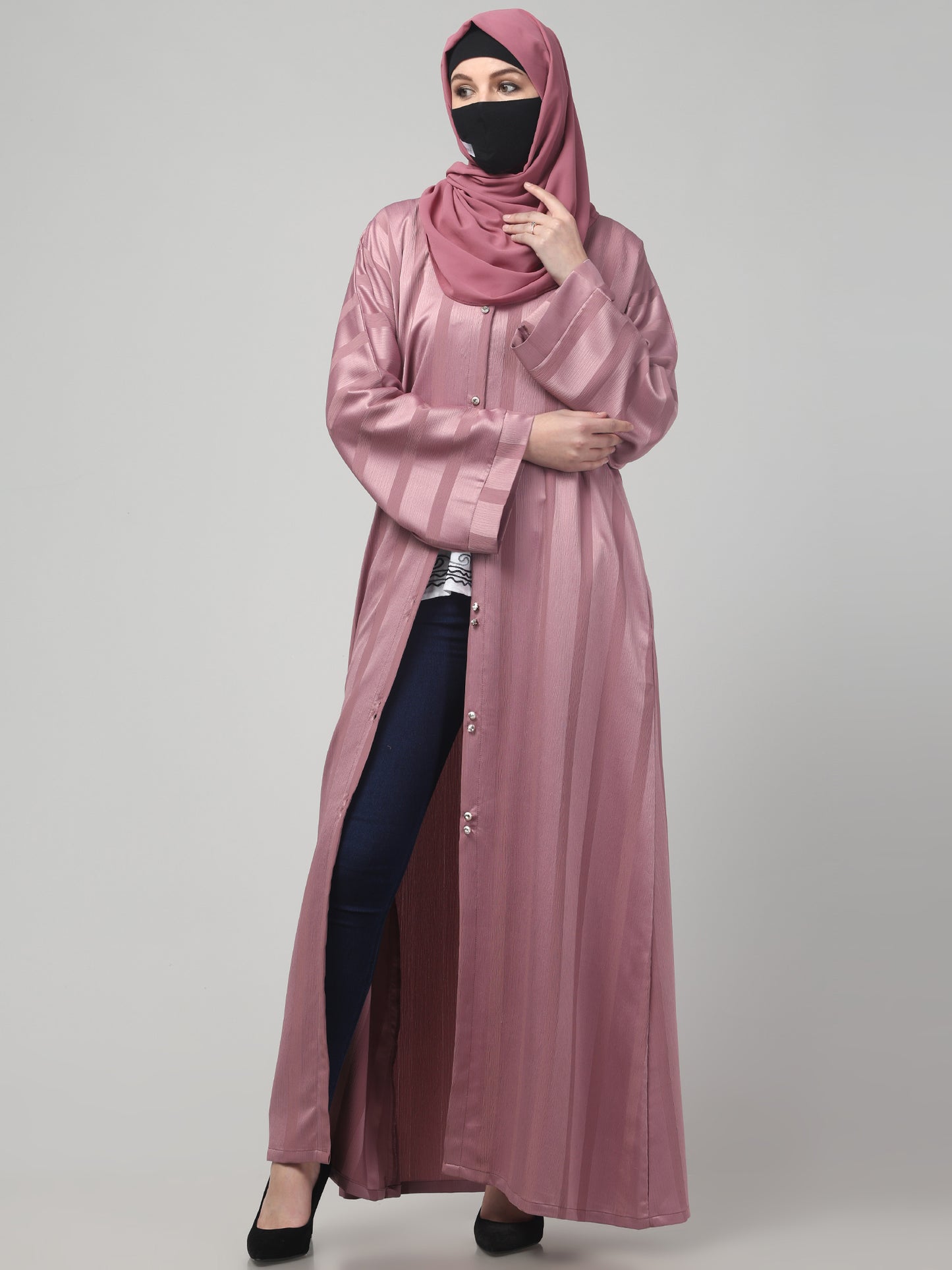 Front Open Abaya in Zoom Pro Fabric – Subtle Stripes & Effortless Grace