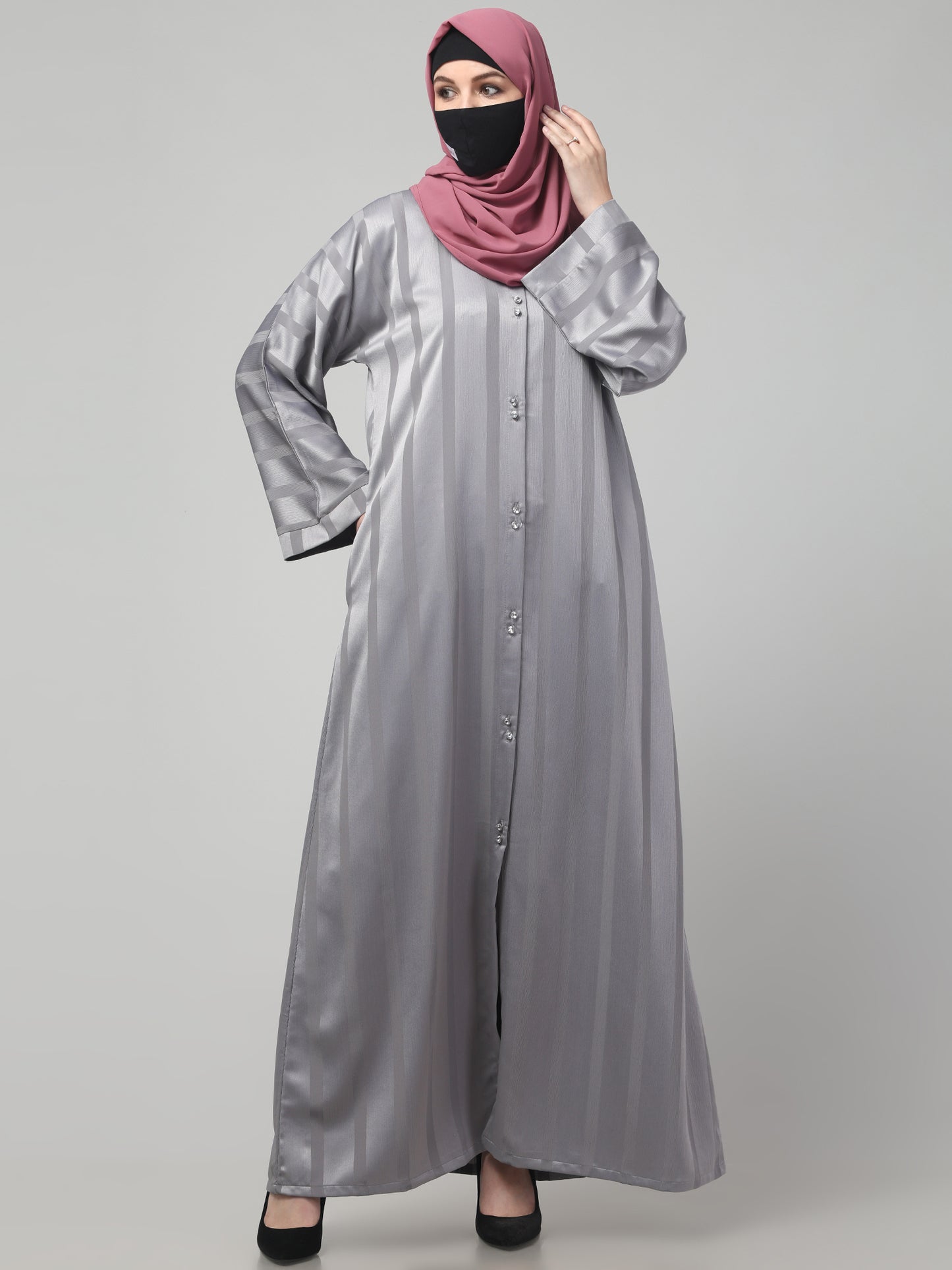 Front Open Abaya in Zoom Pro Fabric – Subtle Stripes & Effortless Grace