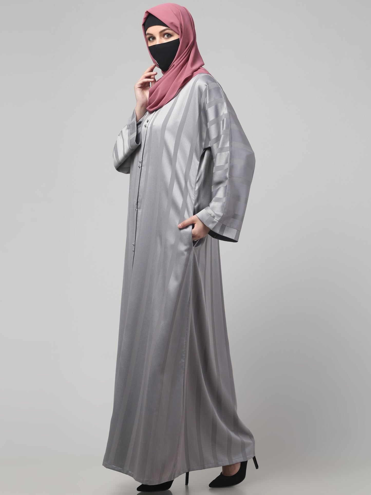 Front Open Abaya in Zoom Pro Fabric – Subtle Stripes & Effortless Grace