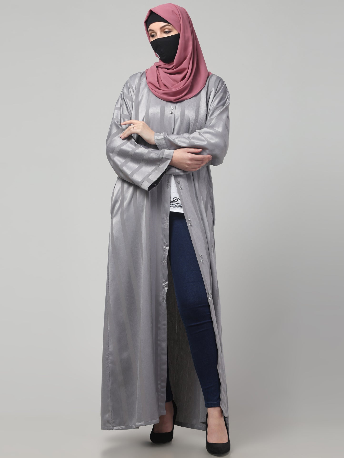 Front Open Abaya in Zoom Pro Fabric – Subtle Stripes & Effortless Grace