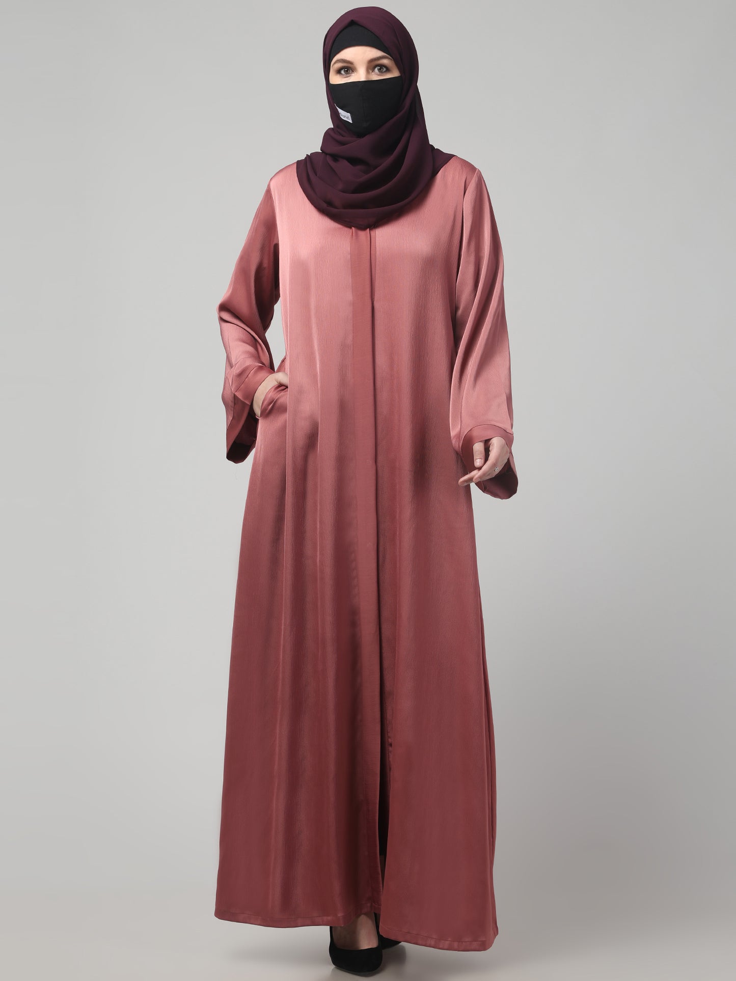 Front Open Abaya In Premium Tiktok Fabric with V-Neck & Flared Sleeves.
