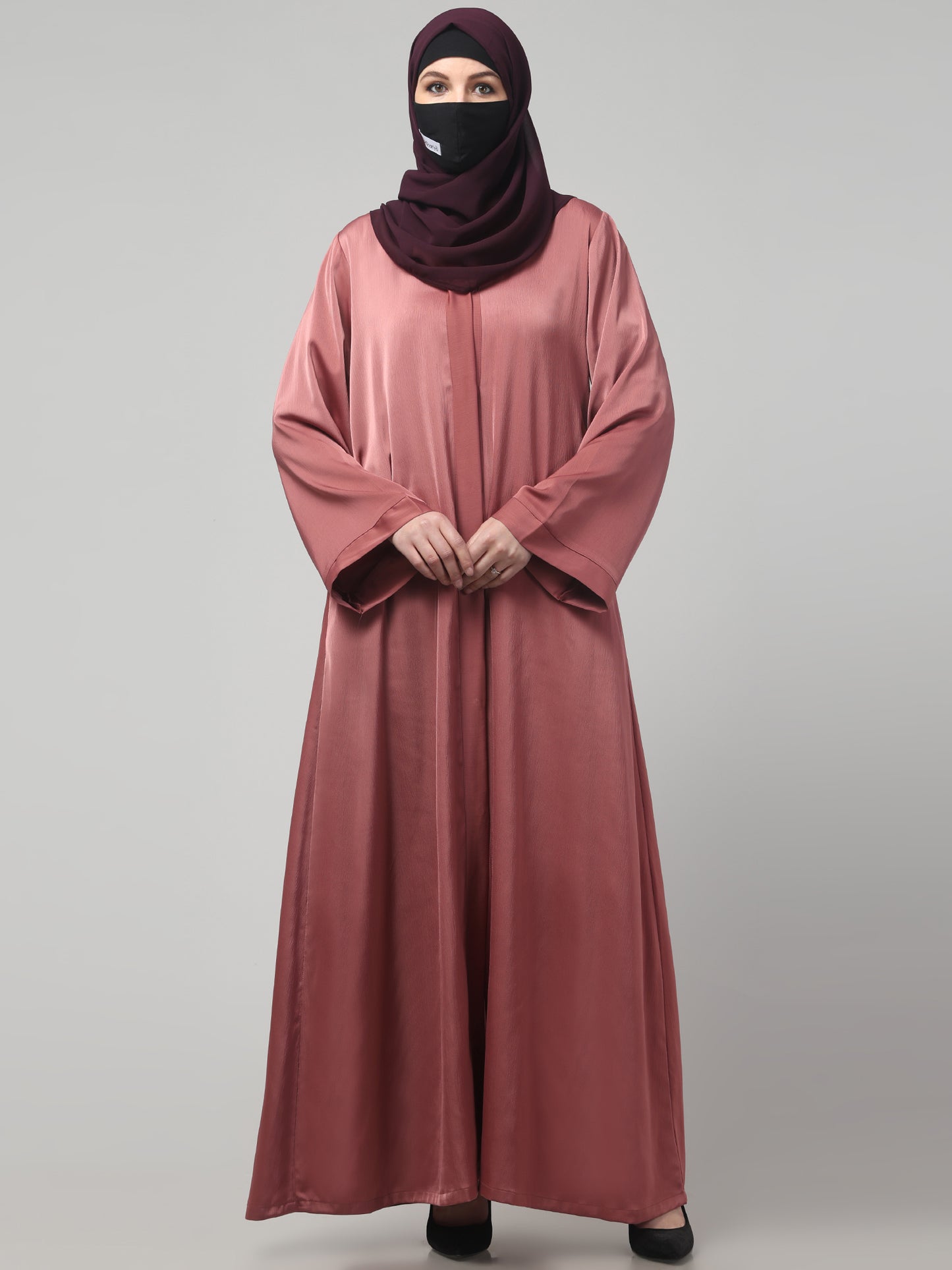 Front Open Abaya In Premium Tiktok Fabric with V-Neck & Flared Sleeves.