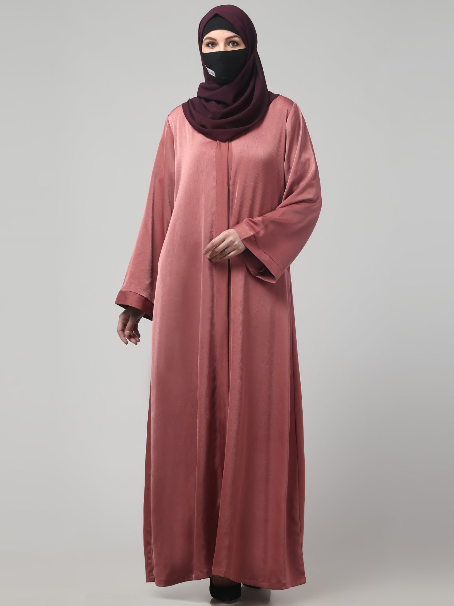 Front Open Abaya In Premium Tiktok Fabric with V-Neck & Flared Sleeves.