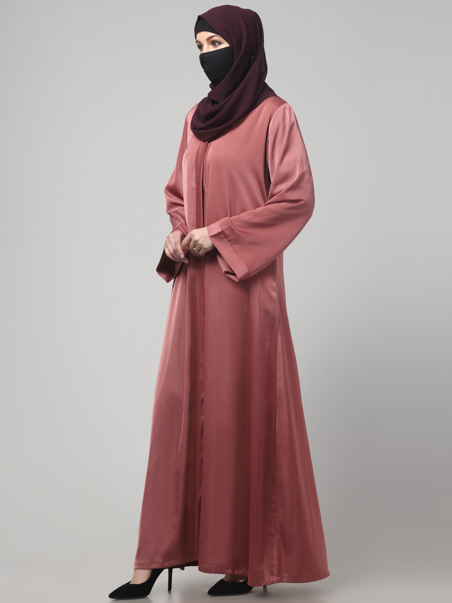 Front Open Abaya In Premium Tiktok Fabric with V-Neck & Flared Sleeves.
