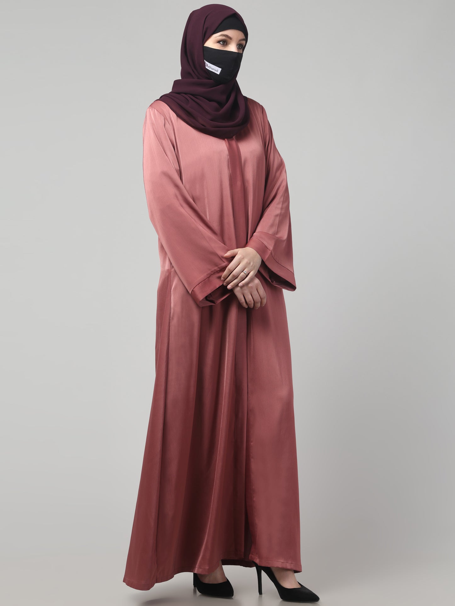 Front Open Abaya In Premium Tiktok Fabric with V-Neck & Flared Sleeves.