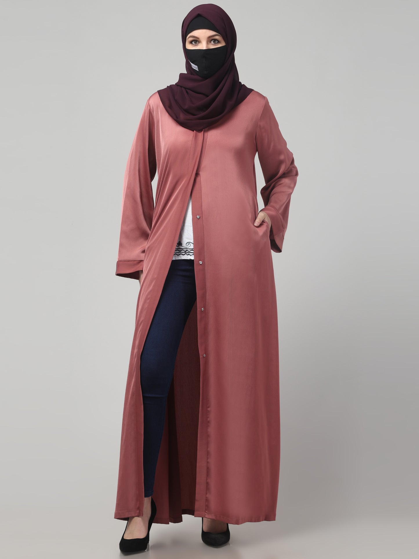 Front Open Abaya In Premium Tiktok Fabric with V-Neck & Flared Sleeves.