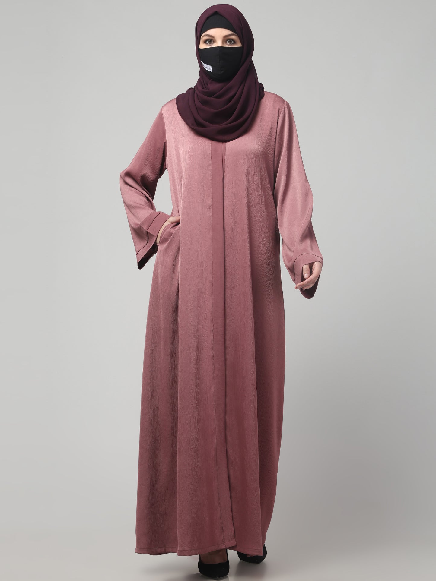 Front Open Abaya In Premium Tiktok Fabric with V-Neck & Flared Sleeves.