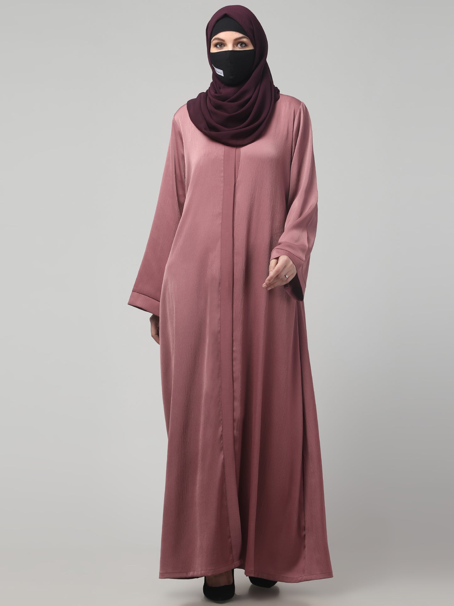 Front Open Abaya In Premium Tiktok Fabric with V-Neck & Flared Sleeves.