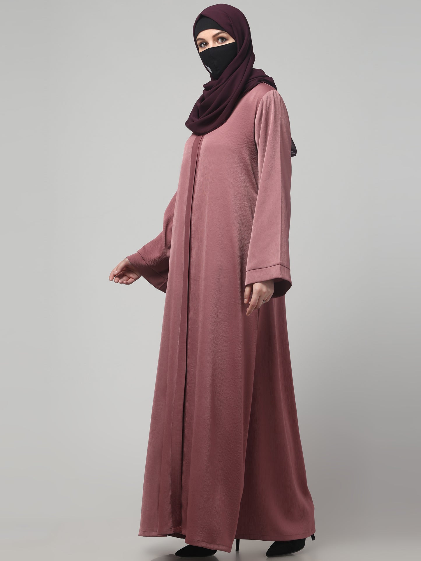 Front Open Abaya In Premium Tiktok Fabric with V-Neck & Flared Sleeves.