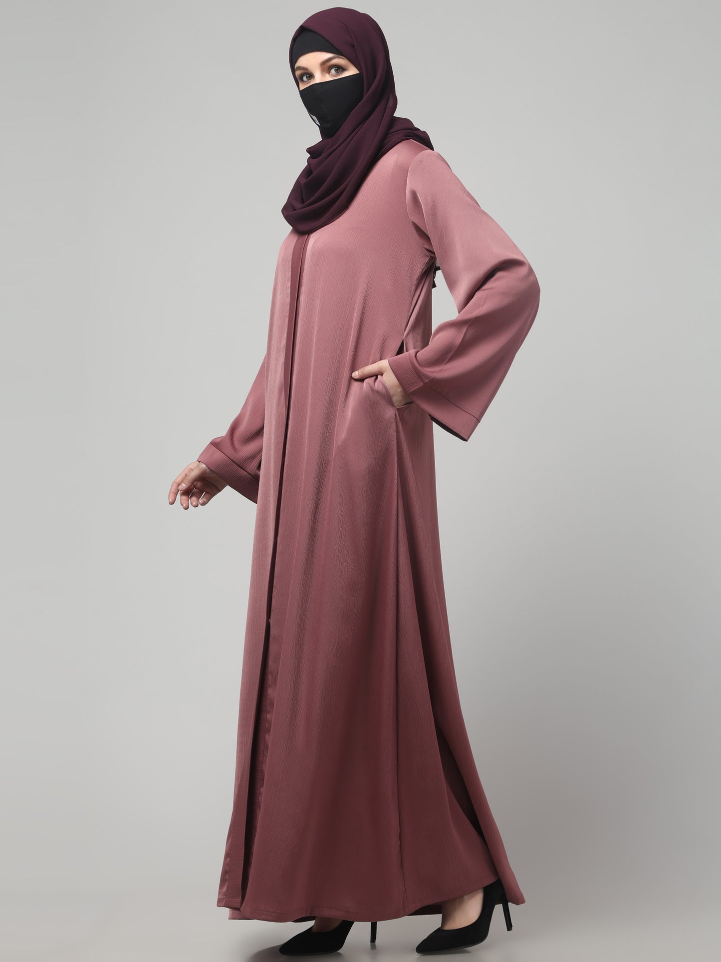 Front Open Abaya In Premium Tiktok Fabric with V-Neck & Flared Sleeves.