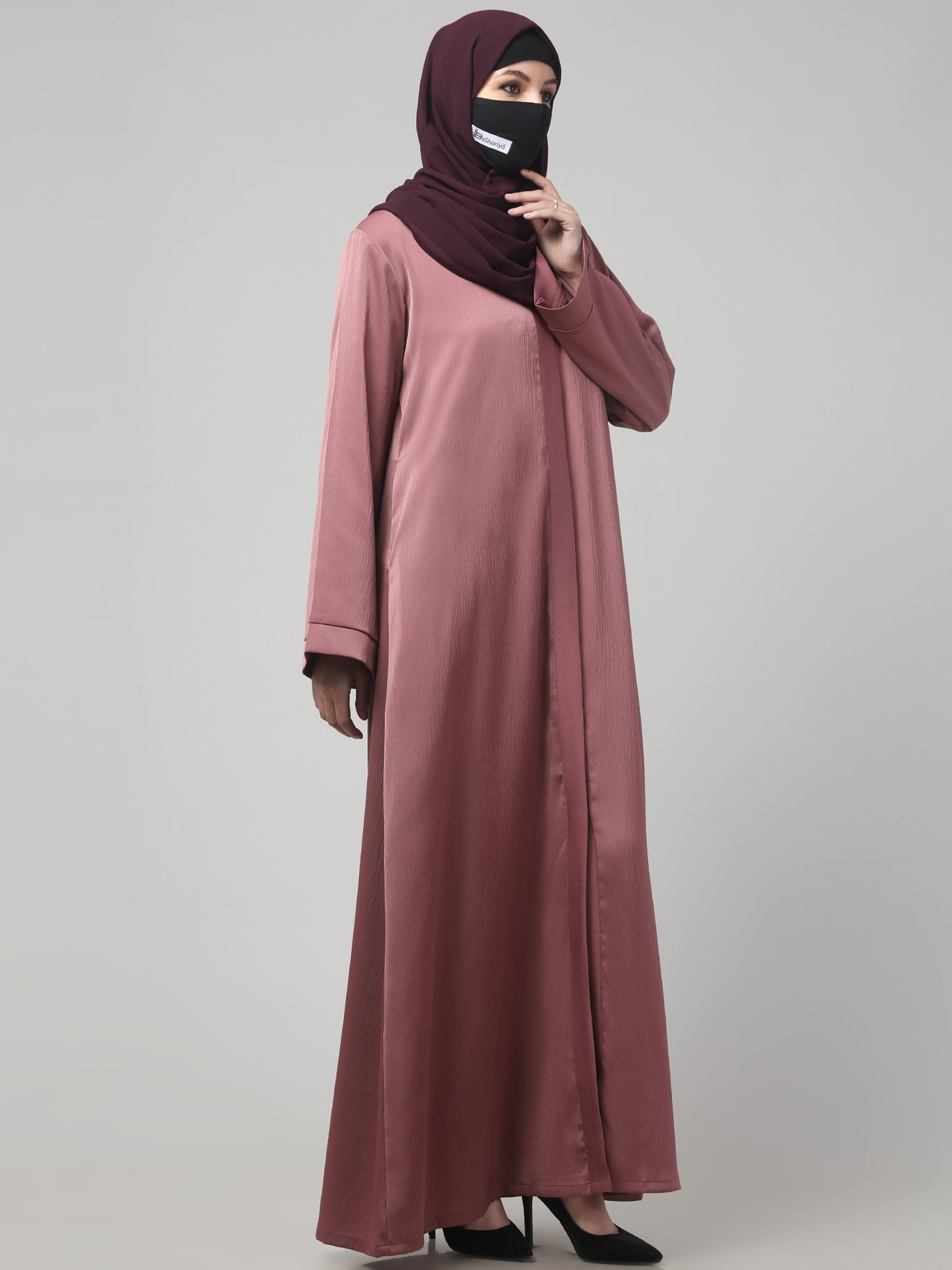 Front Open Abaya In Premium Tiktok Fabric with V-Neck & Flared Sleeves.