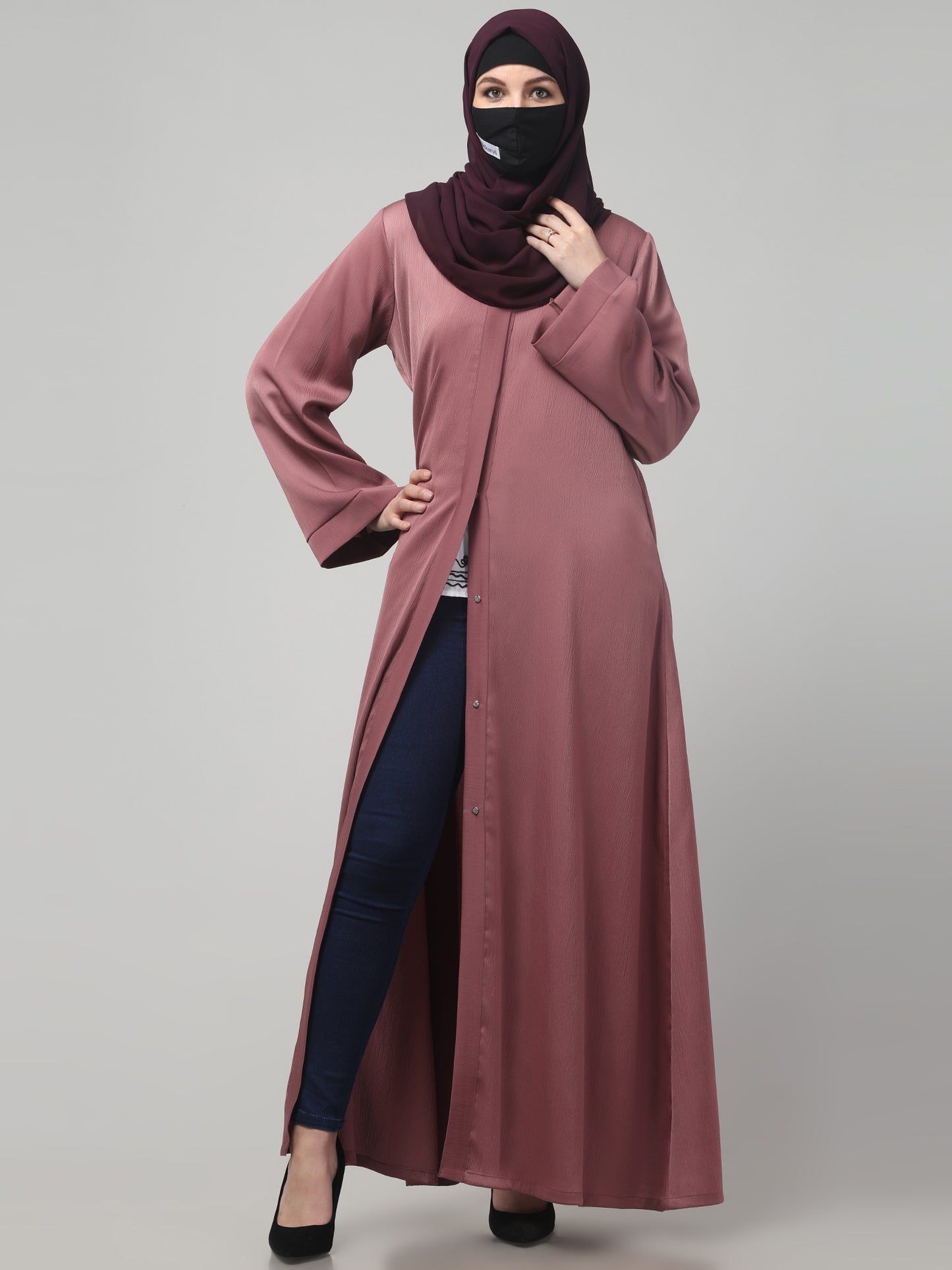 Front Open Abaya In Premium Tiktok Fabric with V-Neck & Flared Sleeves.