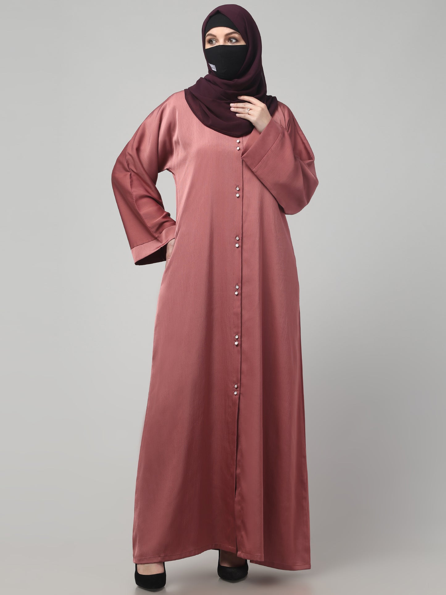 Front Open Tiktok Abaya with Round Neck & Flared Sleeves.