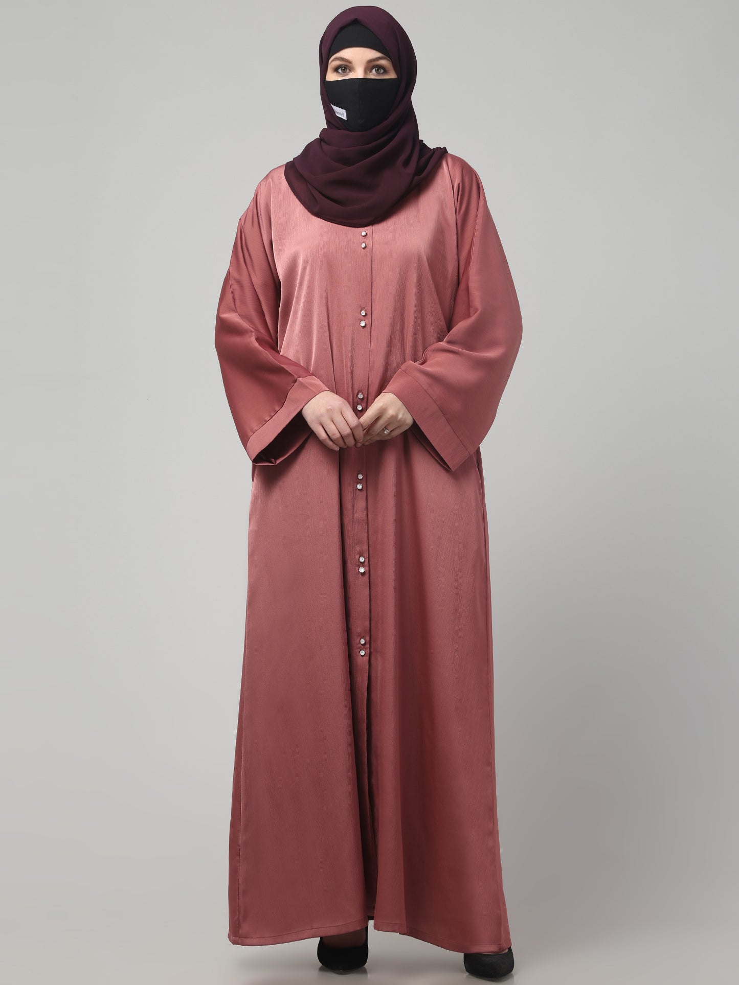 Front Open Tiktok Abaya with Round Neck & Flared Sleeves.