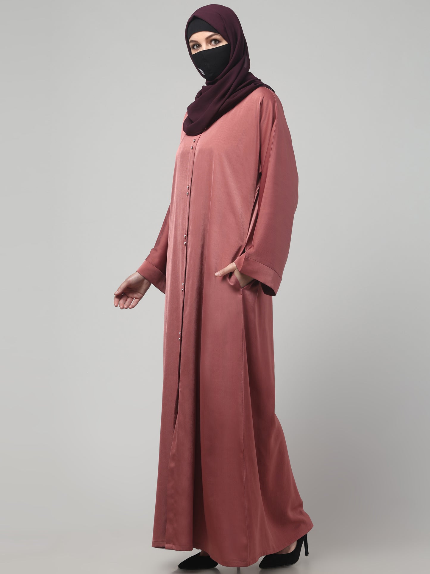 Front Open Tiktok Abaya with Round Neck & Flared Sleeves.