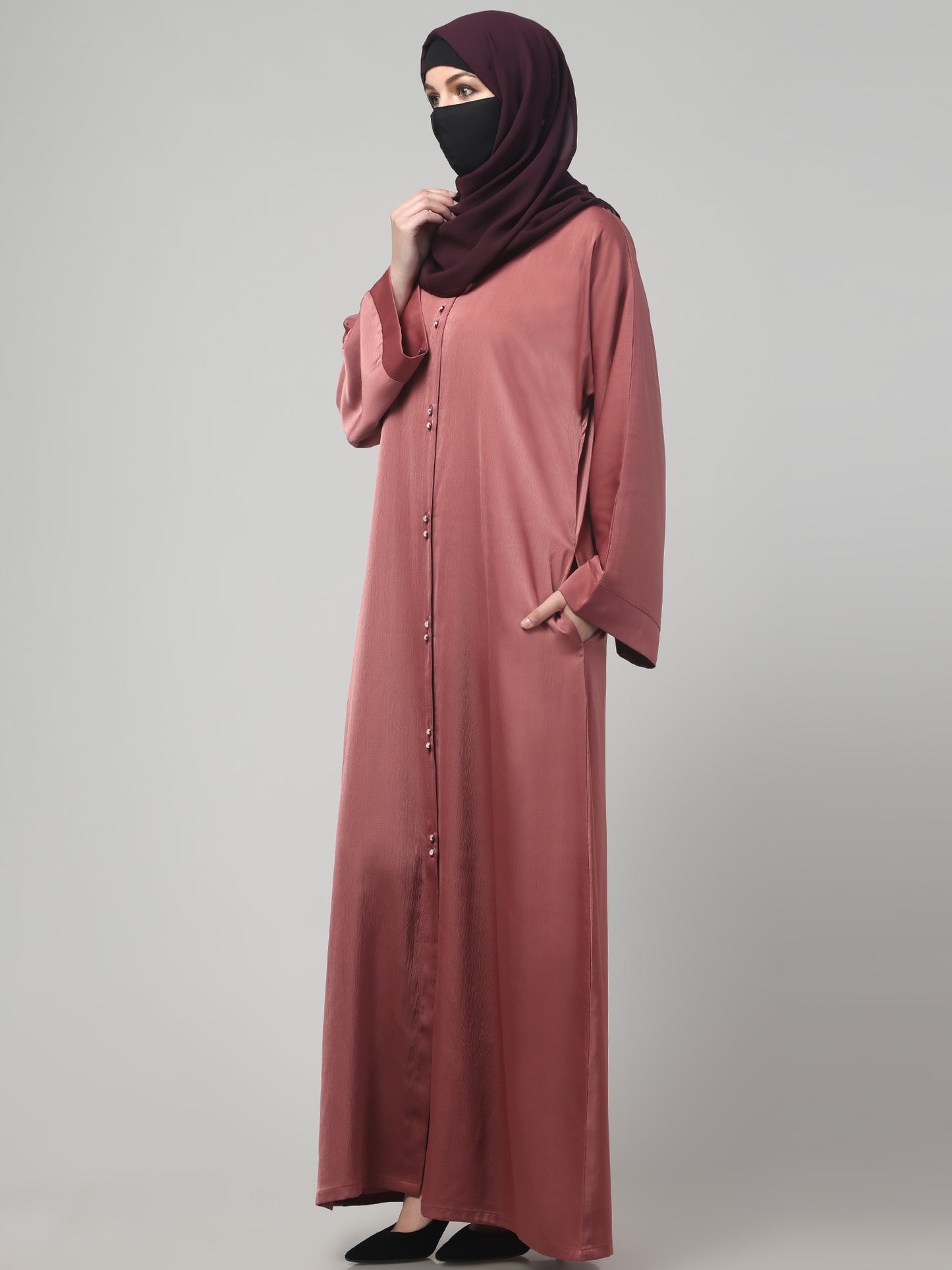 Front Open Tiktok Abaya with Round Neck & Flared Sleeves.