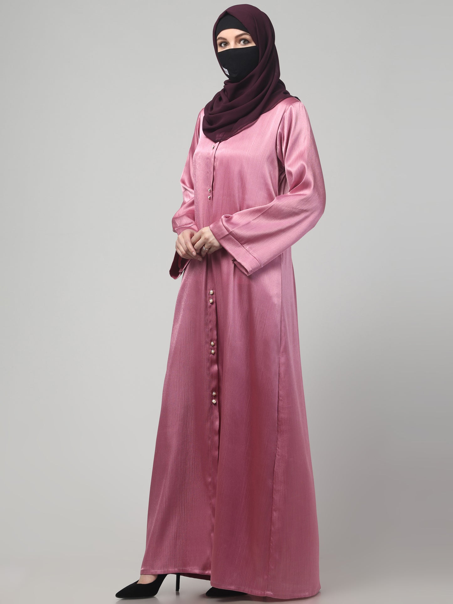 Front Open Abaya in Cadbury Silk Fabric – Lustrous Shine & Elegant Draping