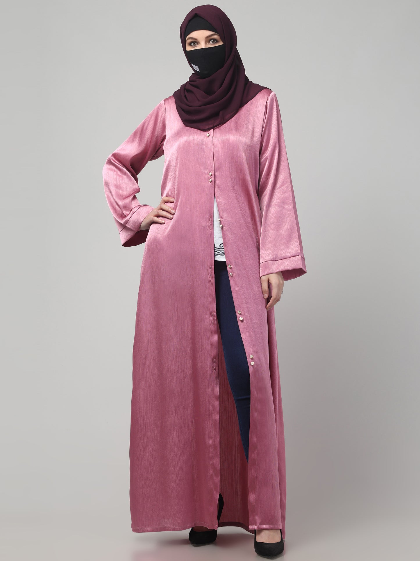 Front Open Abaya in Cadbury Silk Fabric – Lustrous Shine & Elegant Draping