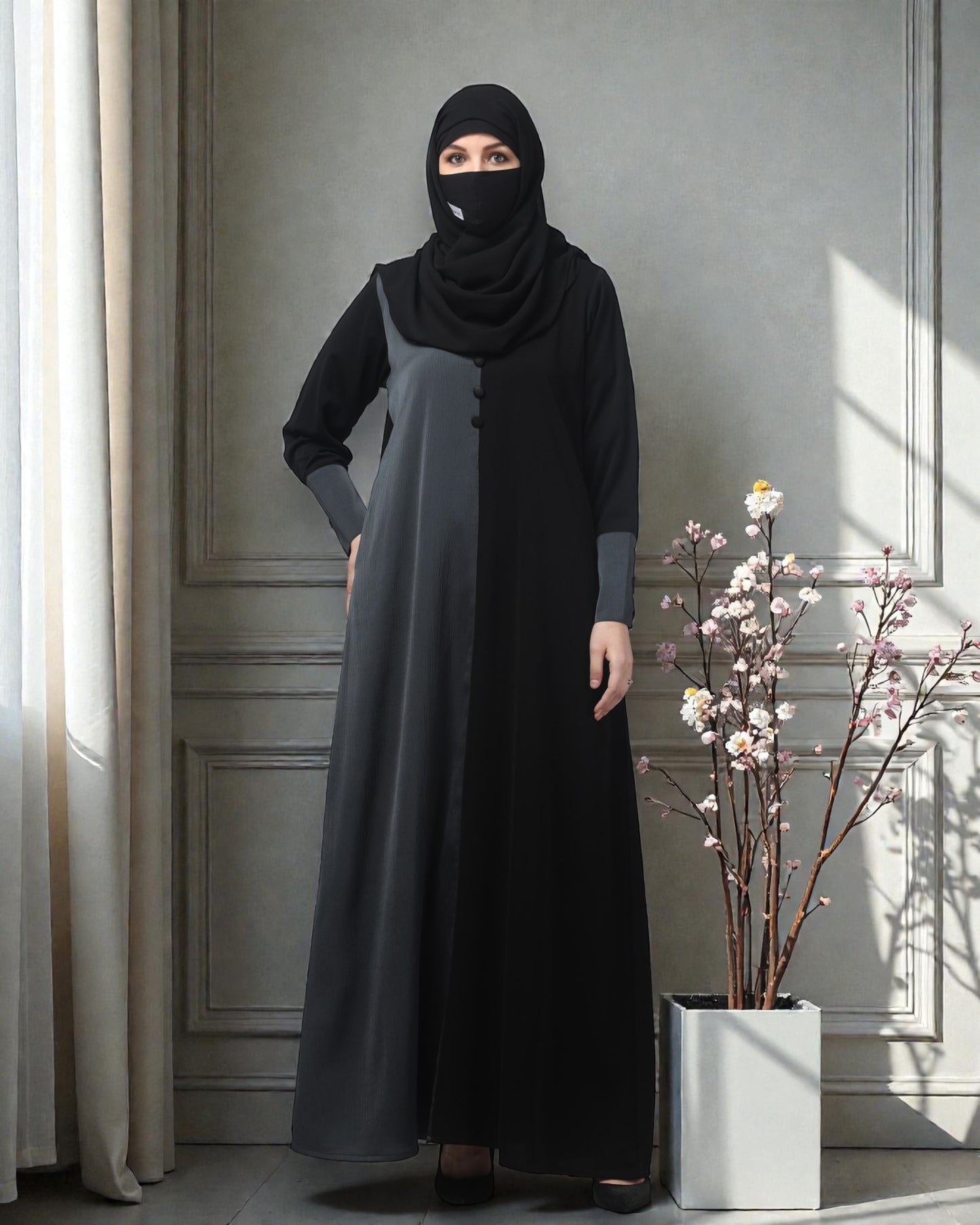 Dual Color A-Line Designer Abaya in Tiktok Fabric – Includes Hijab