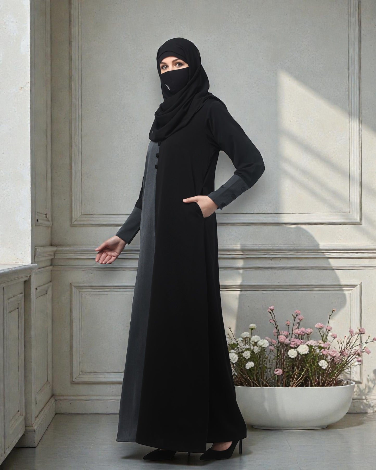 Dual Color A-Line Designer Abaya in Tiktok Fabric – Includes Hijab