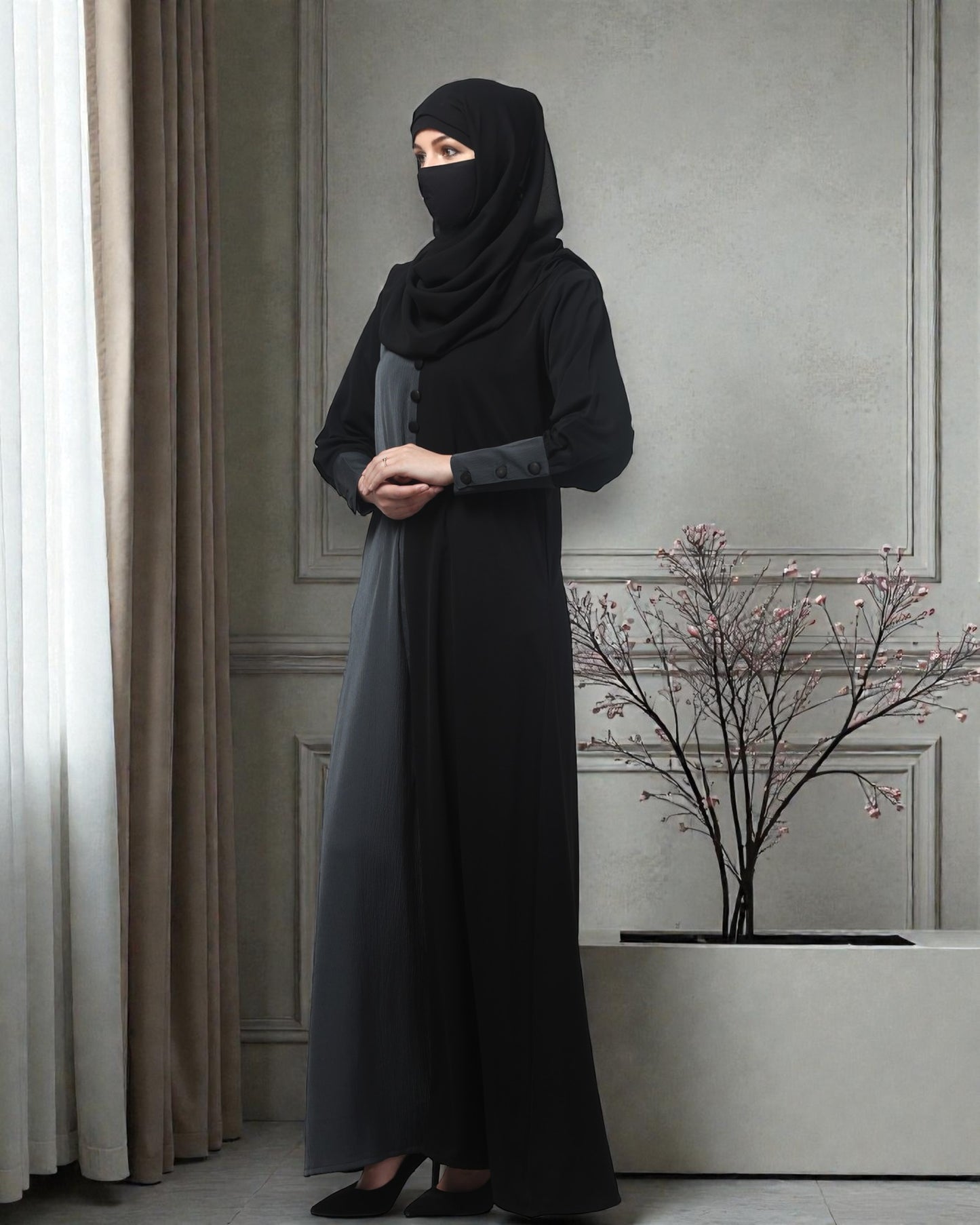 Dual Color A-Line Designer Abaya in Tiktok Fabric – Includes Hijab