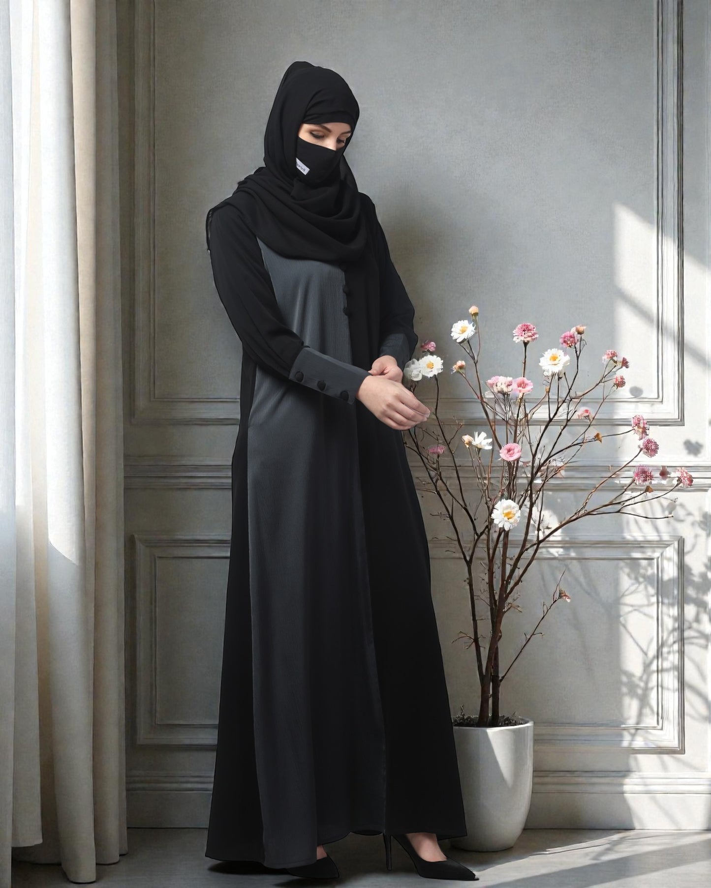Dual Color A-Line Designer Abaya in Tiktok Fabric – Includes Hijab