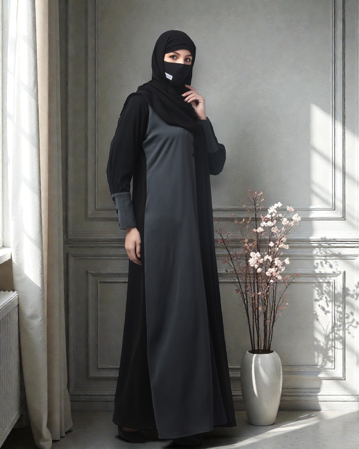 Dual Color A-Line Designer Abaya in Tiktok Fabric – Includes Hijab