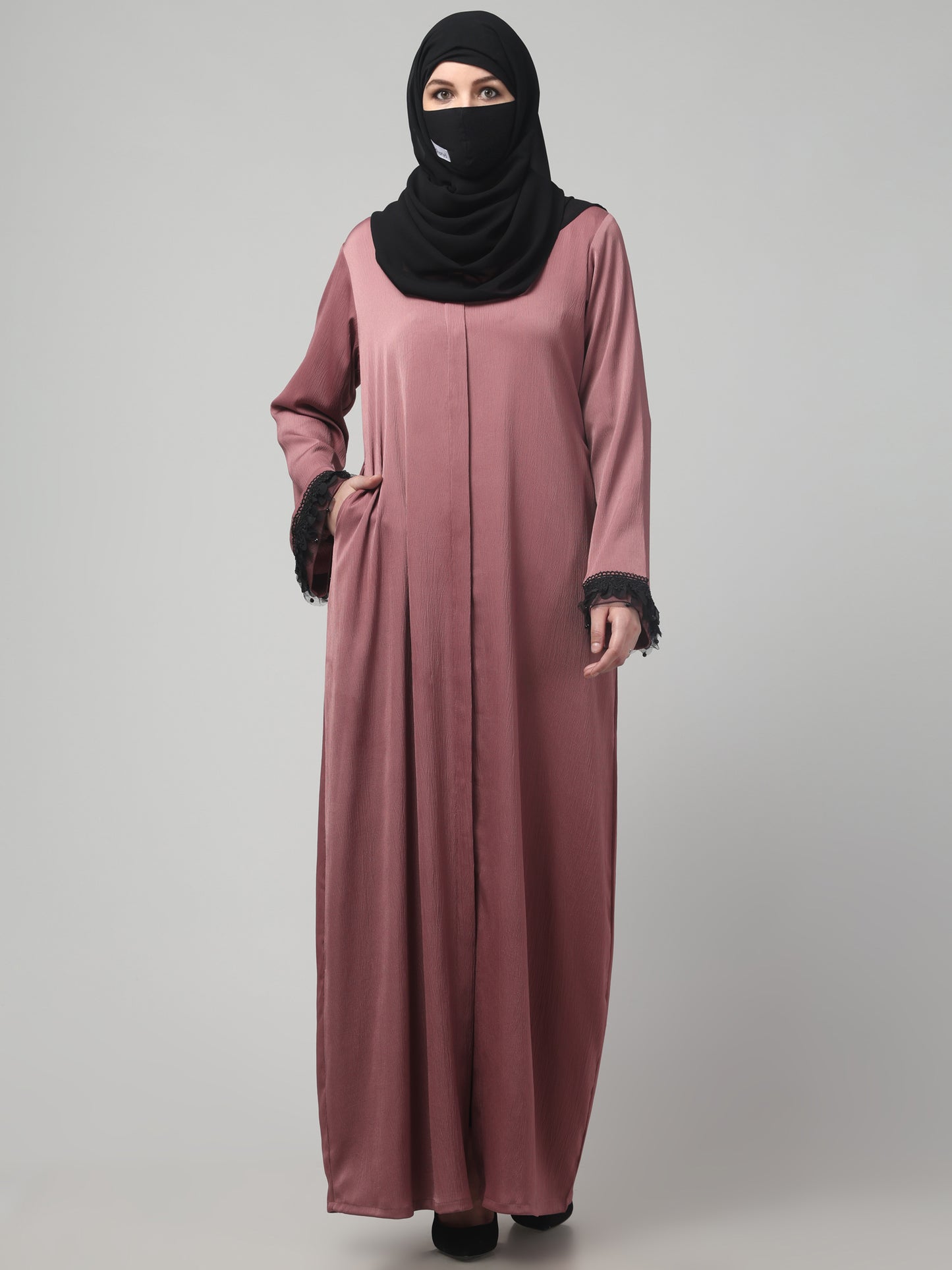 Front Open Abaya in Tiktok Fabric with Lace Flared Sleeves
