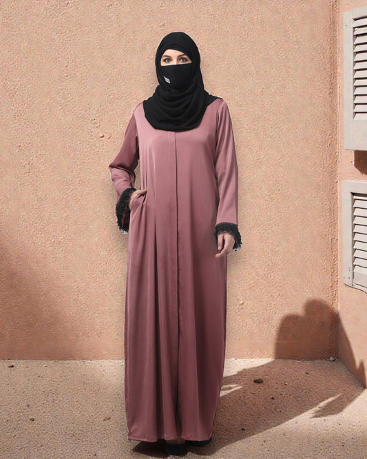 Front Open Abaya in Tiktok Fabric with Lace Flared Sleeves – Includes Hijab