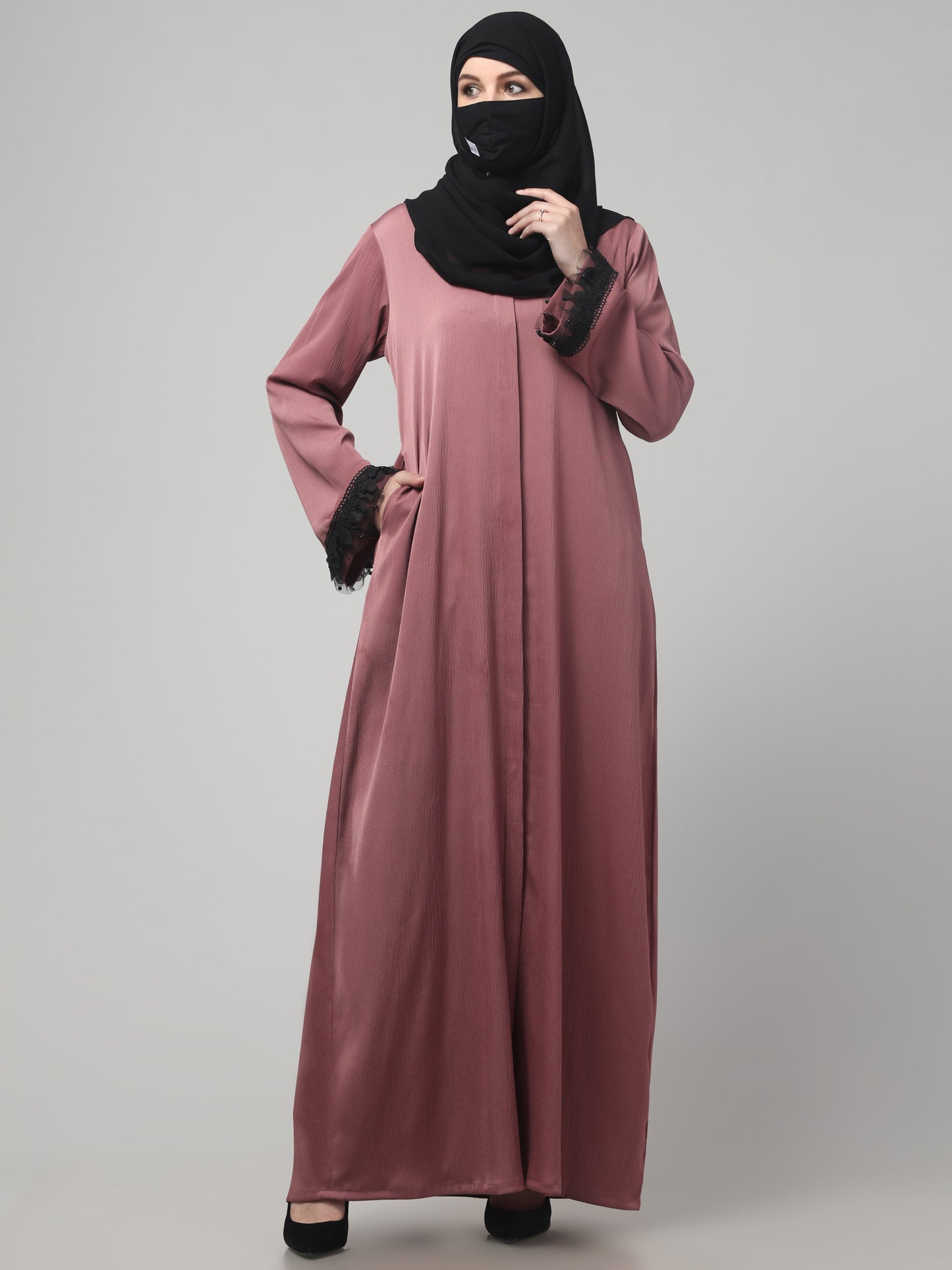 Front Open Abaya in Tiktok Fabric with Lace Flared Sleeves