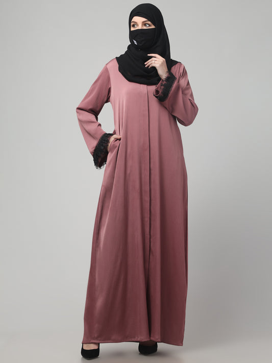 Front Open Abaya in Tiktok Fabric with Lace Flared Sleeves