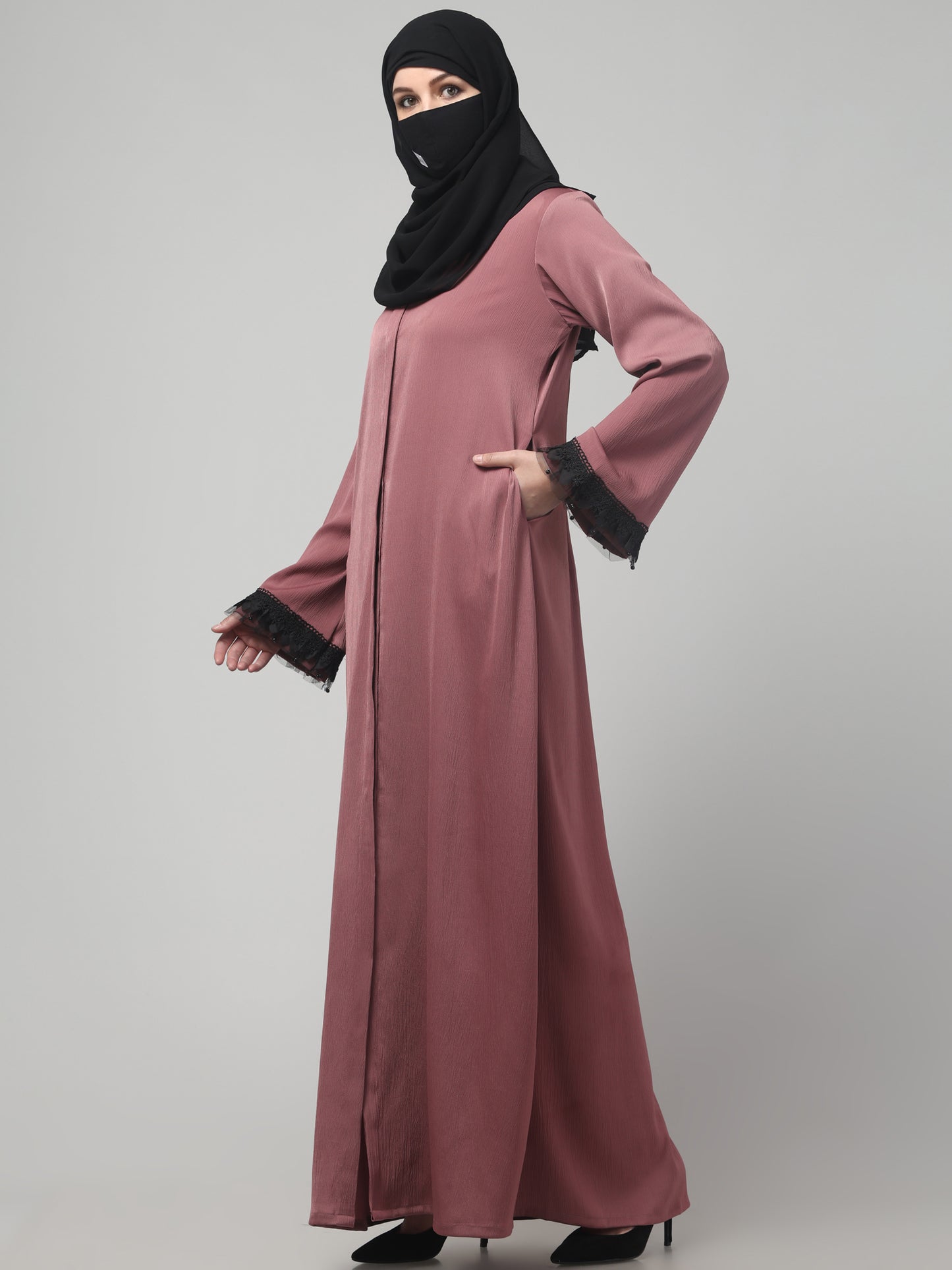 Front Open Abaya in Tiktok Fabric with Lace Flared Sleeves