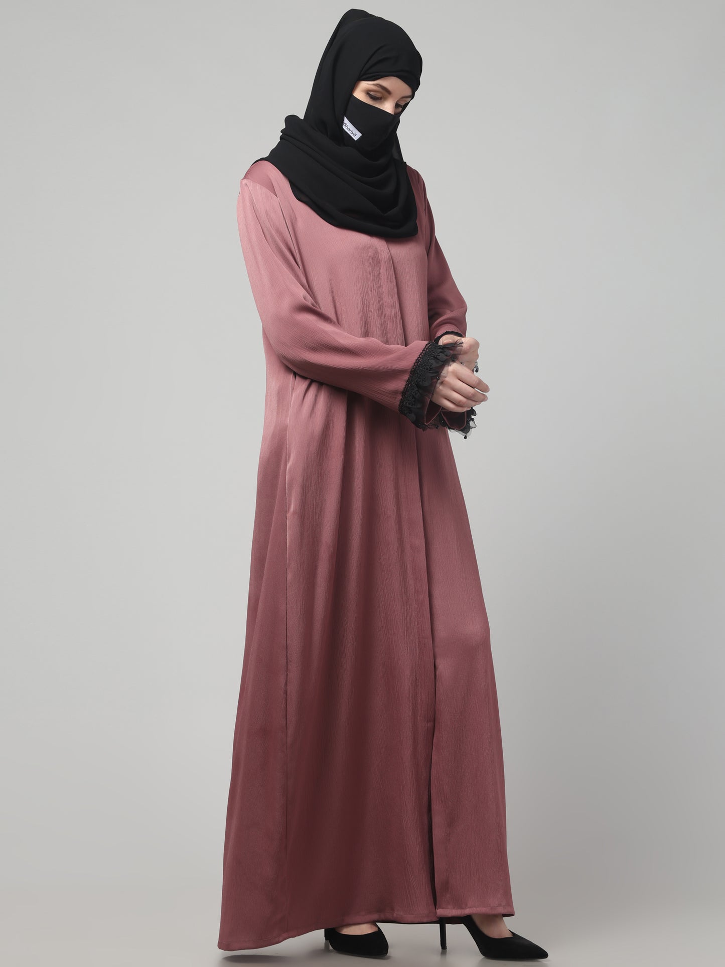 Front Open Abaya in Tiktok Fabric with Lace Flared Sleeves