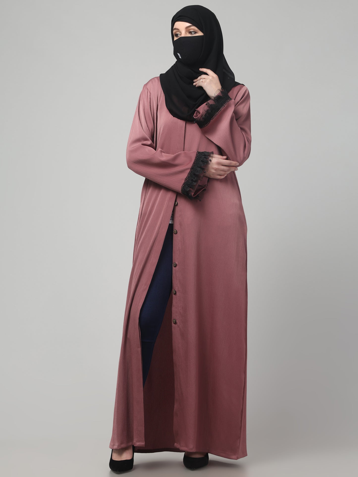 Front Open Abaya in Tiktok Fabric with Lace Flared Sleeves