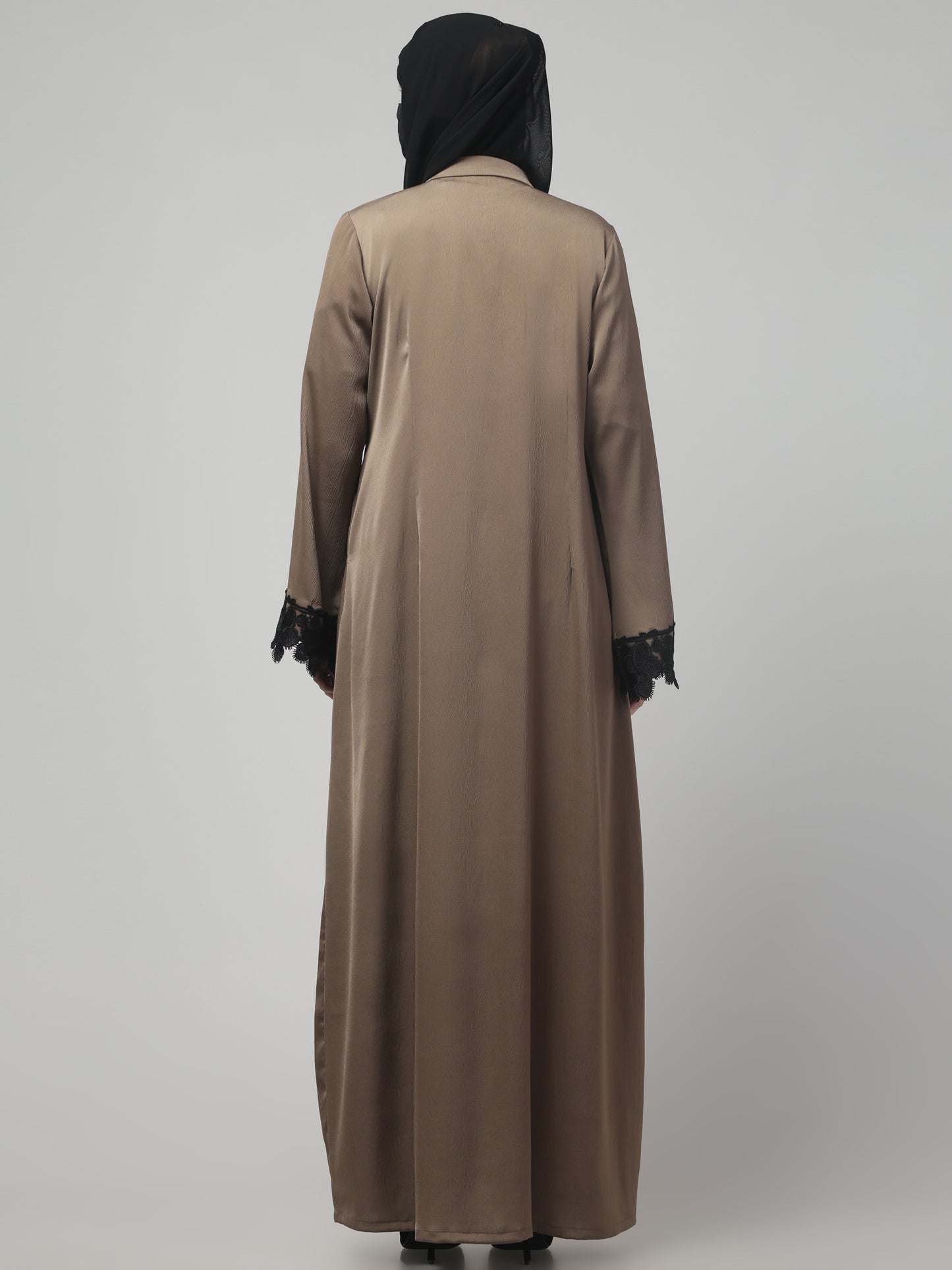 Front Open Abaya in Tiktok Polyester – Silky Elegance with Lace Accents