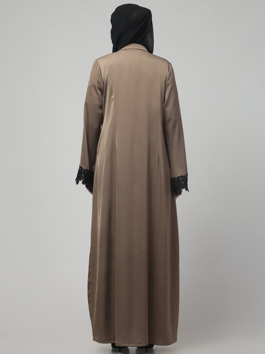Front Open Abaya in Tiktok Polyester – Silky Elegance with Lace Accents