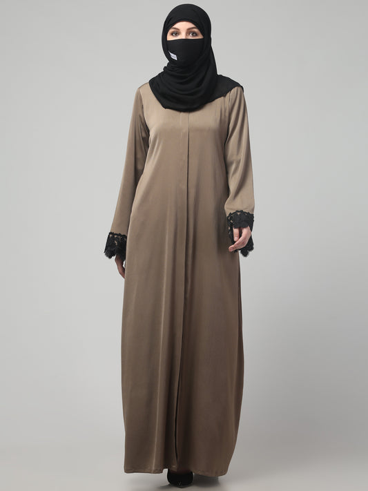 Front Open Abaya in Tiktok Polyester – Silky Elegance with Lace Accents