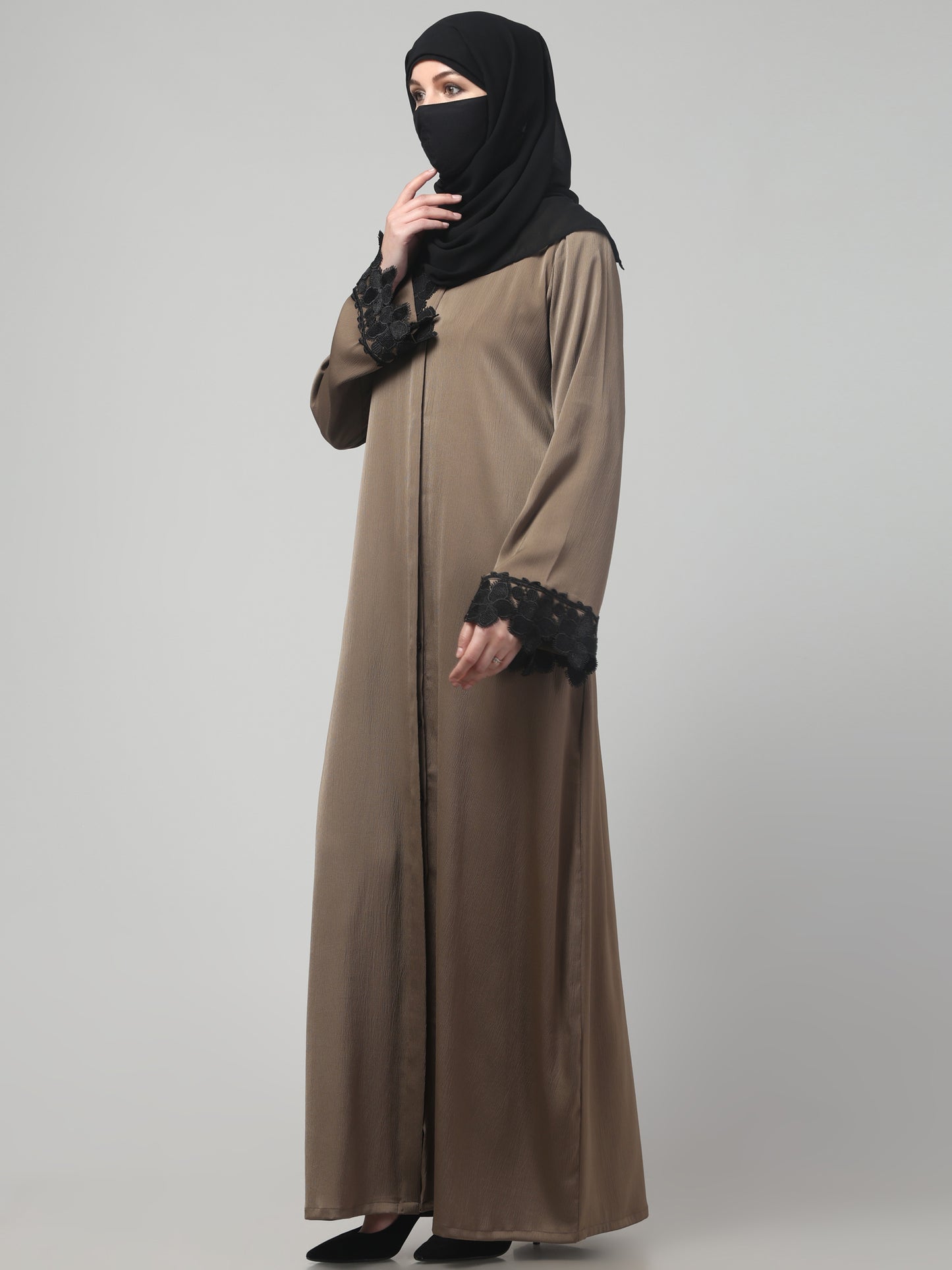 Front Open Abaya in Tiktok Polyester – Silky Elegance with Lace Accents